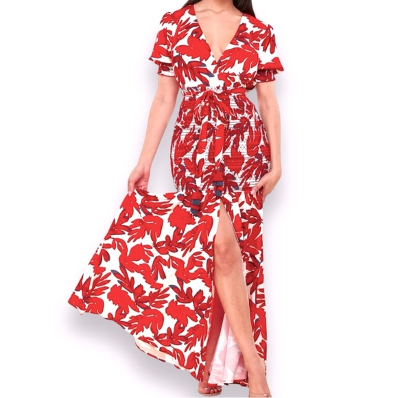 L’ATISTE Red Leaf Tomato Girl Print Maxi Dress Size Small NWT - Picture 1 of 7